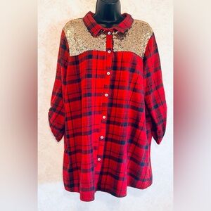 Now N Forever Women's Red Plaid Flannel Gold Sequin Yoke Size 3X Runs Small